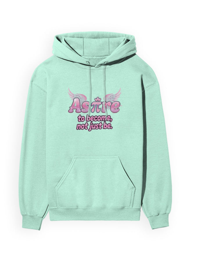 Mint green hoodie with pink text on a white background