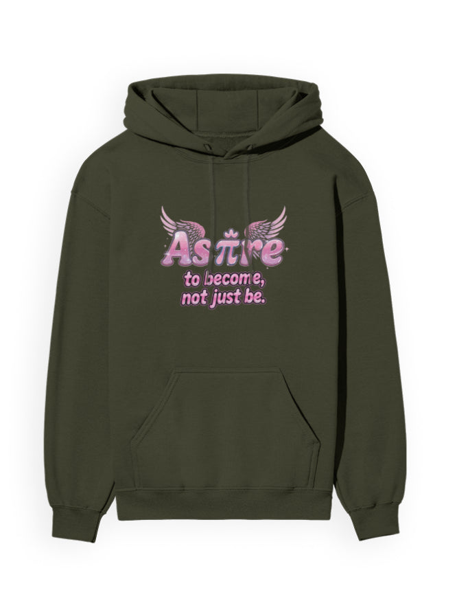 Olive Green hoodie with pink and white text on a white background