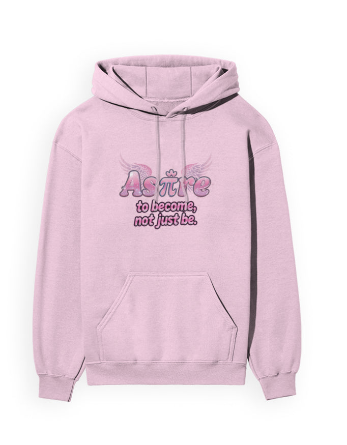 Pink hoodie with text design on a white background